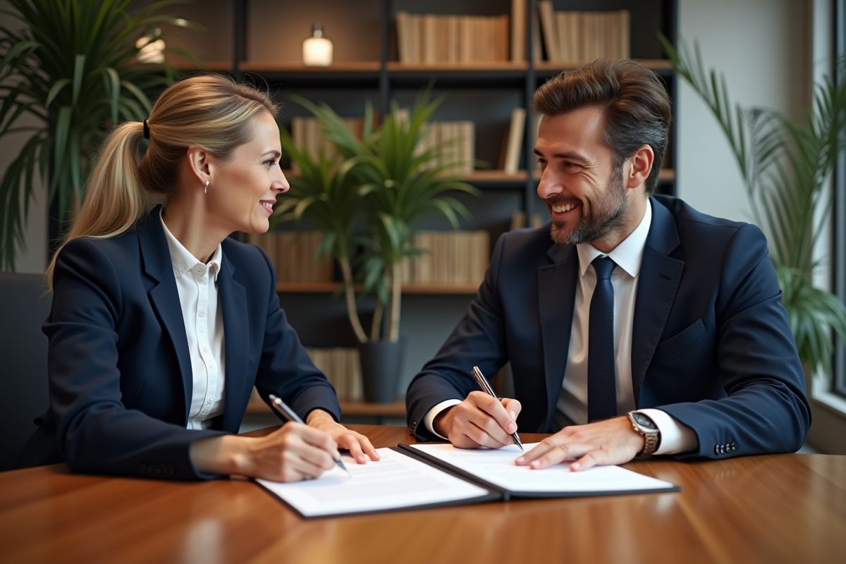 Une femme et un homme d'affaires français signent des documents officiels