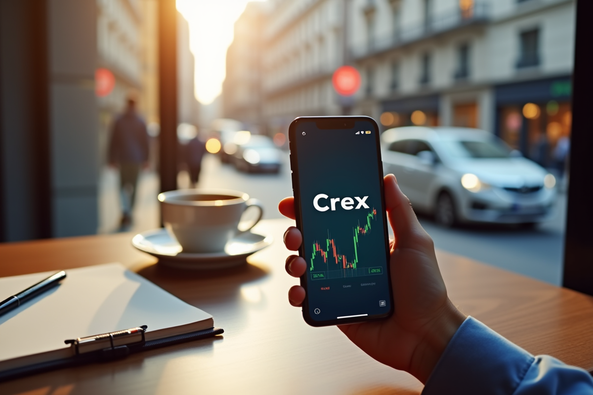 Smartphone affichant l application Crex dans un café en ville ensoleille