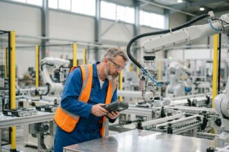 Technicien en overalls examine un bras robotique dans une usine moderne
