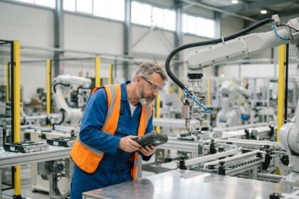 Technicien en overalls examine un bras robotique dans une usine moderne