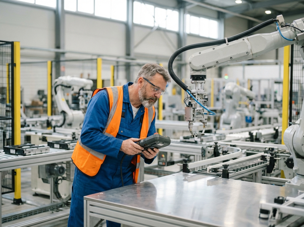Technicien en overalls examine un bras robotique dans une usine moderne